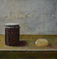 Ausstellungsmotiv Kraemer, Kirschenglas, 1996 Öl auf Holz, 49,5 x 67,5